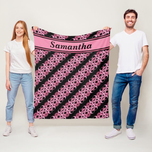 Abstrakt rosa auf schwarzem Fleeceflatt mit Name Fleecedecke (Beispiel)
