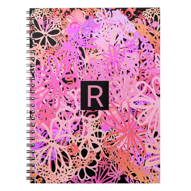 Abstrakt-rosa-schwarze Monogramm-Blume Notizblock (Vorderseite)