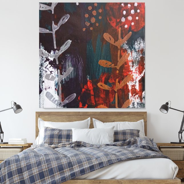 Abstrakt Rot, Blau, Erdfarben mit Vegetal Accen Leinwanddruck (Insitu (Schlafzimmer))