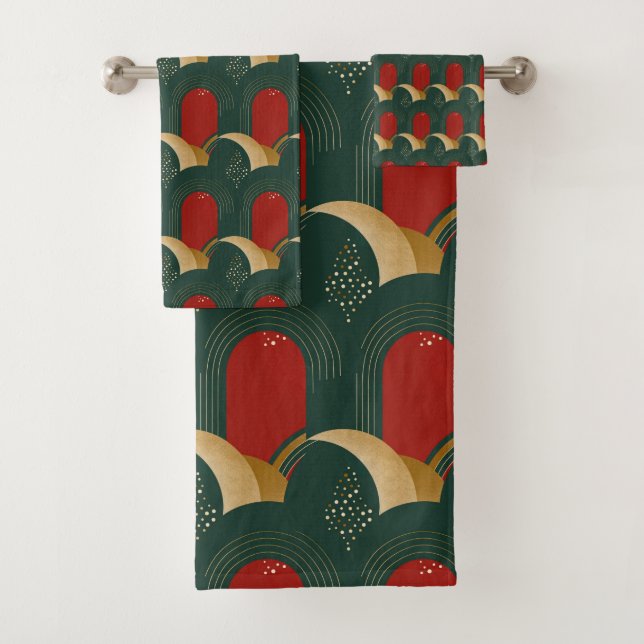 Abstrakt Rot, Grün und Gold Badhandtuch Set (Insitu)