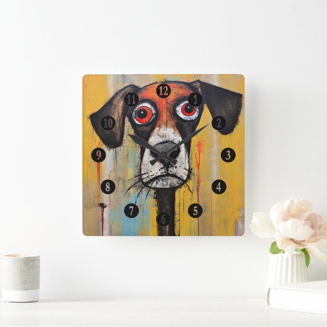 Abstrakt Sad Red Mit Augen Dog Quadratische Wanduhr (Zuhause)