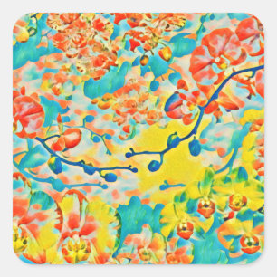 Abstrakt Sakura Spring Cherry Blossom Blumenbeere Quadratischer Aufkleber