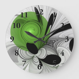 Abstrakt Schwarz und Weiß mit einem grünen Fraktal Große Wanduhr