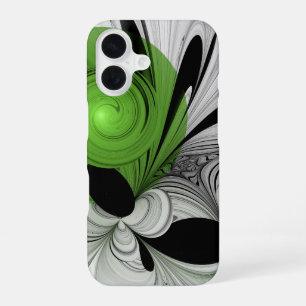 Abstrakt Schwarz und Weiß mit einem grünen Fraktal iPhone 16 Hülle