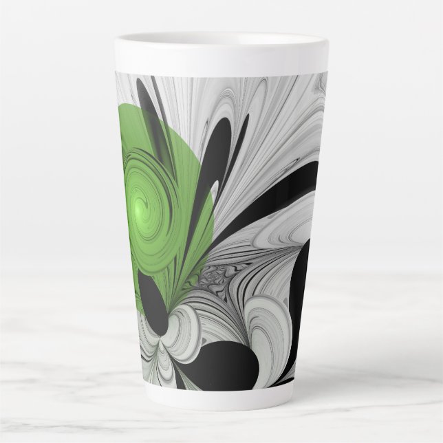 Abstrakt Schwarz und Weiß mit einem grünen Fraktal Milchtasse (Vorderseite)