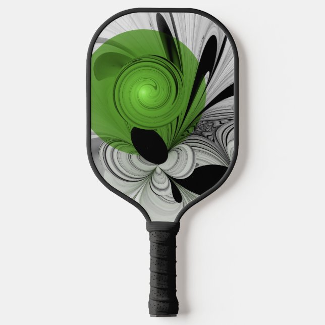 Abstrakt Schwarz und Weiß mit einem grünen Fraktal Pickleball Schläger (Vorderseite)