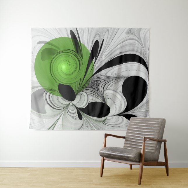 Abstrakt Schwarz und Weiß mit einem grünen Fraktal Wandteppich (Beispiel (Horizontal))