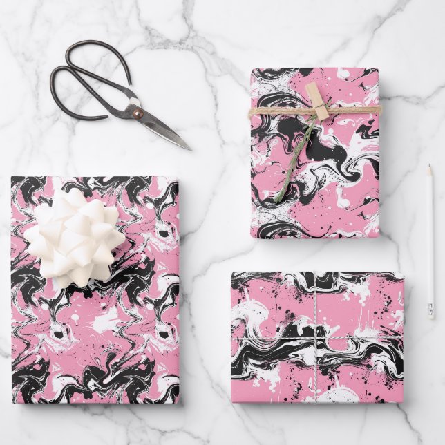 Abstrakt Schwarz-Weiß-Tinte Swirbel auf Weich-Rosa Geschenkpapier Set (Vorderseite)