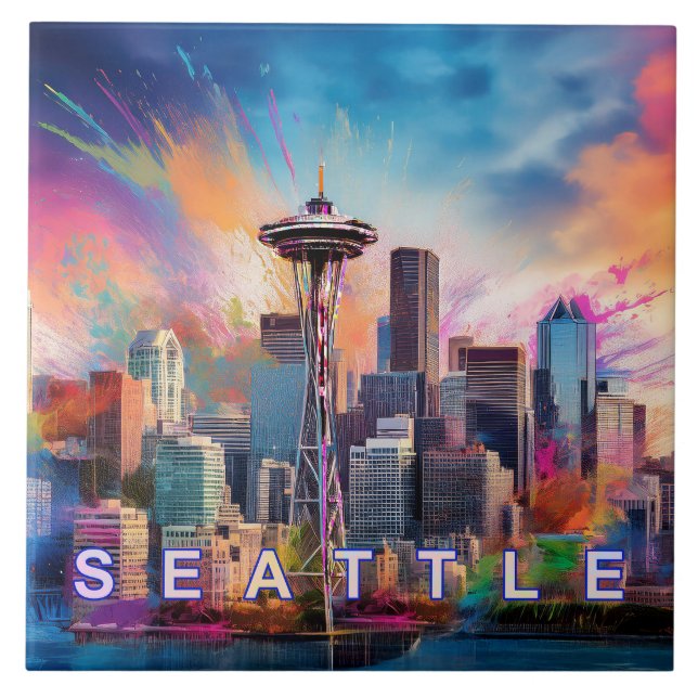 Abstrakt Seattle Skyline Art Modern Cityscape Fliese (Vorderseite)