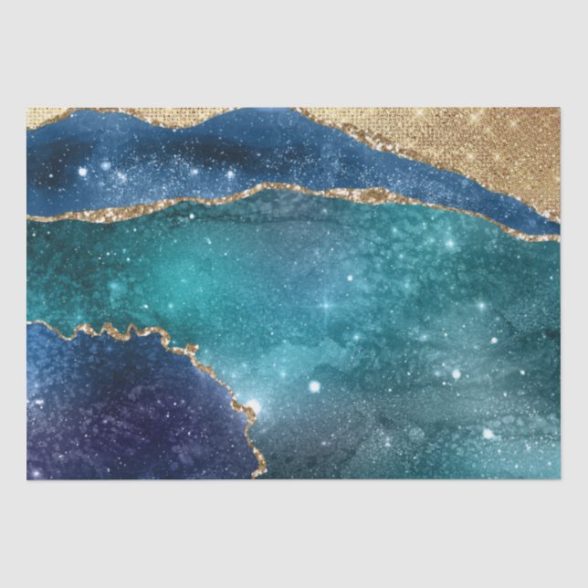 Abstrakt Türkis Gold Glitzer Galaxy Agate Seidenpapier (Vorderseite)