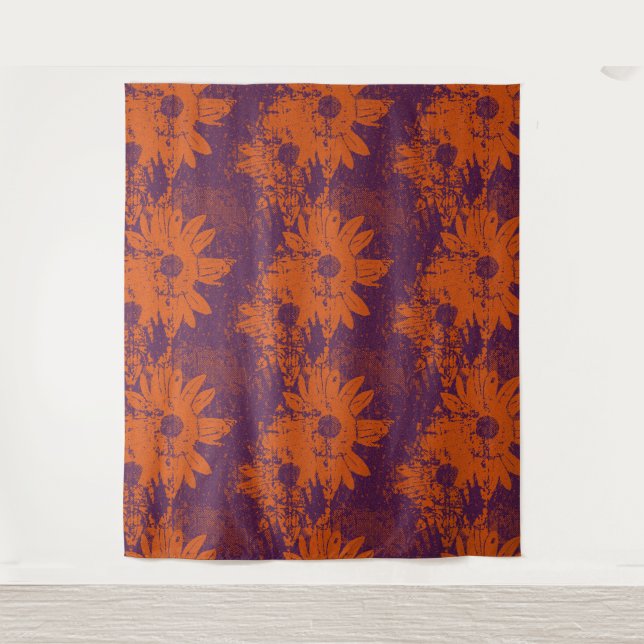 Abstrakt Warmes Boho Halftone Grunge Blumenmuster Wandteppich (Vorderseite)
