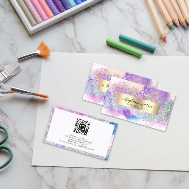 Abstrakt Watercolor Holographic Glitzer Artist Telefonnummerkarte (Von Creator hochgeladen)
