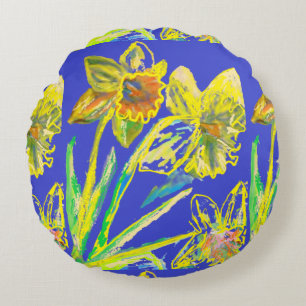 Abstrakte affodische gelbe Blauen Blumen Blumenmus Rundes Kissen