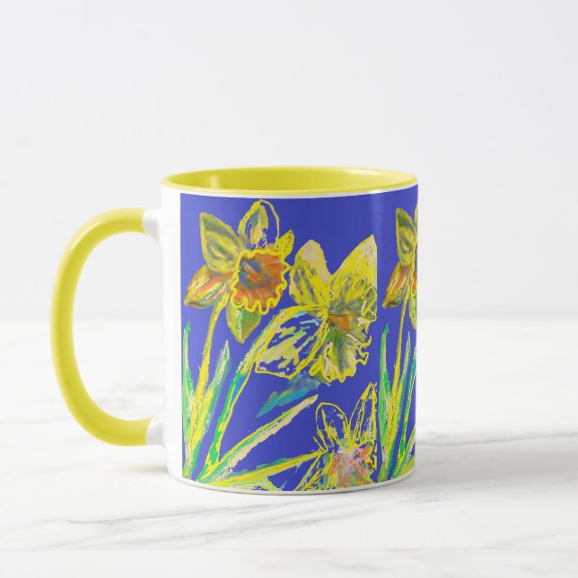 Abstrakte affodische gelbe Blauen Blumen Blumenmus Tasse (Links)