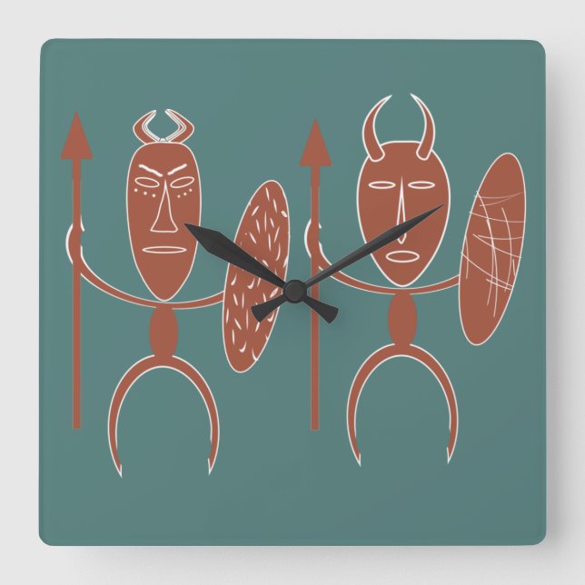 Abstrakte afrikanische Stammeskriegerkunst Quadratische Wanduhr (Vorderseite)