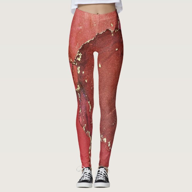 Abstrakte Alkohol Tinte Art Bright Red and Gold Leggings (Vorderseite)