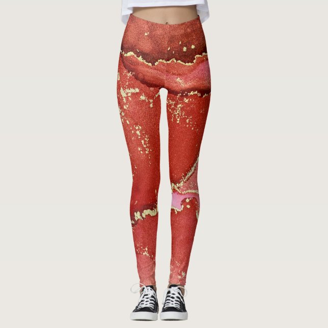 Abstrakte Alkohol Tinte Art Bright Red and Gold Leggings (Vorderseite)