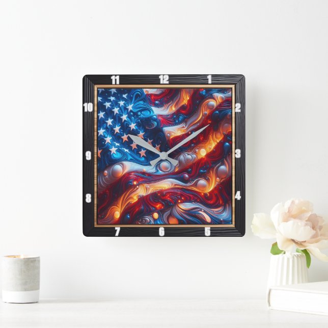 Abstrakte amerikanische Flagge Quadratische Wanduhr (Zuhause)