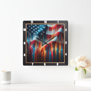 Abstrakte amerikanische Flagge Quadratische Wanduhr