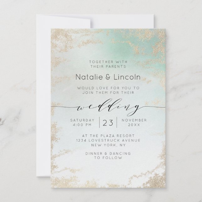 Abstrakte Aqua Ombre Fade mit Mattiertem Gold Glit Einladung (Vorderseite)