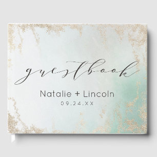 Abstrakte Aqua Ombre Fade mit Mattiertem Gold Glit Gästebuch