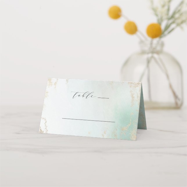 Abstrakte Aqua Ombre Fade mit Mattiertem Gold Glit Platzkarte (Vorderseite)