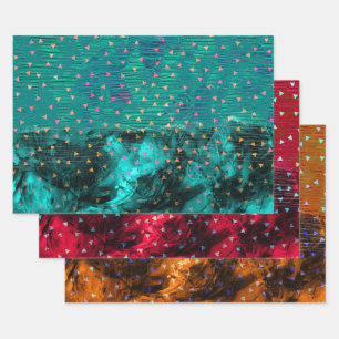 Abstrakte Aquamarine Rote Orange Confetti Weihnach Geschenkpapier Set