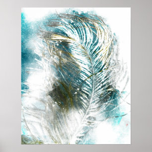 Abstrakte Aquamarine und weiße Federmalerei Poster