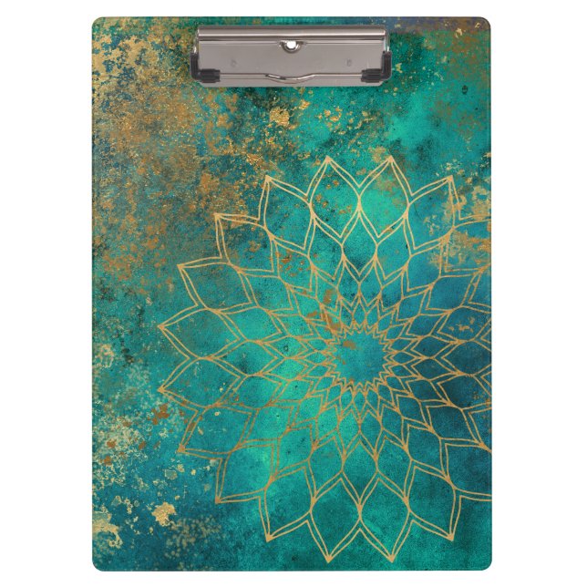 Abstrakte Aquamarine Wasserfarbe Gold Grunge Manda Klemmbrett (Vorderseite)