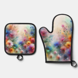 Abstrakte Aquarell-Blumen-Ofenhandschuh und Topfla Ofenhandschuh & Topflappen-Set