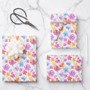 Abstrakte Aquarell-Blumen Rosa Blau Gelb Geschenkpapier Set