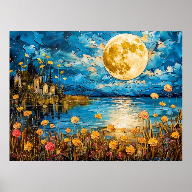 Abstrakte Aquarelldarstellung der Vollmonddecke Poster (Vorne)