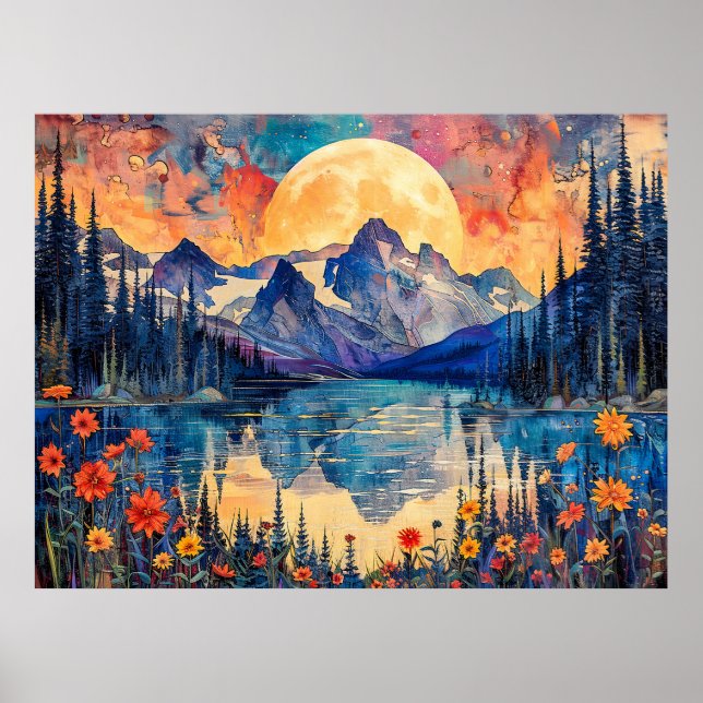 Abstrakte Aquarelldarstellung Vollmond Poster (Vorne)