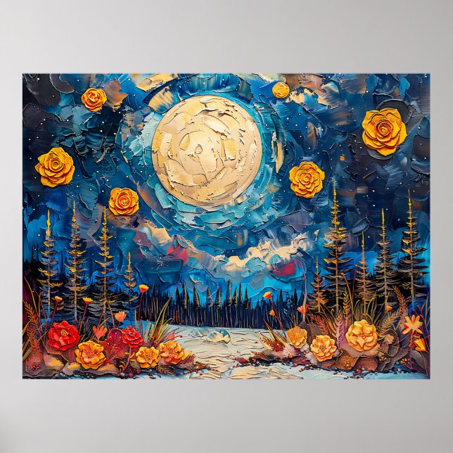 Abstrakte Aquarelldarstellung Vollmond Poster (Vorne)