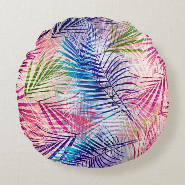 Abstrakte Aquarellfarben Blätter Allover Muster Rundes Kissen (Vorderseite)