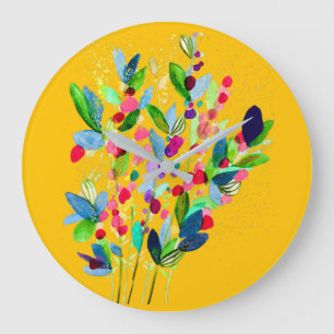 Abstrakte Aquarellfarben mit Blumen Große Wanduhr