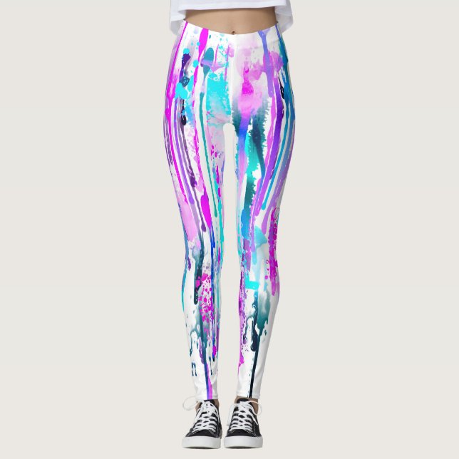 Abstrakte Aquarellfarben Tropfen Blau Türkis Rosa Leggings (Vorderseite)
