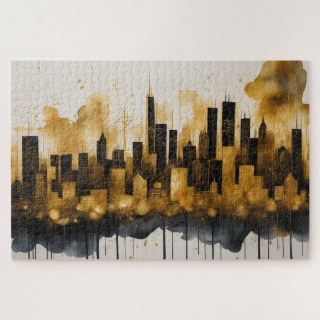 Abstrakte Aquarellmalerei Gold Citycape (Horizontal)