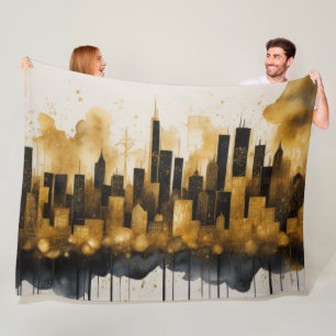 Abstrakte Aquarellmalerei Gold Citycape Fleecedecke