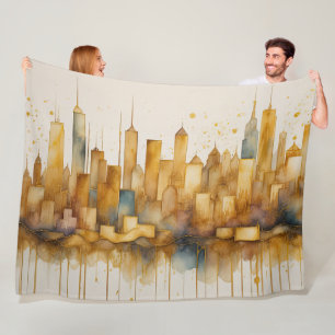 Abstrakte Aquarellmalerei Goldenes Stadtbild Fleecedecke