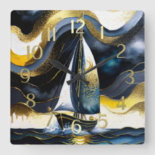 Abstrakte Aquarellmalerei Segelboot Nacht Quadratische Wanduhr