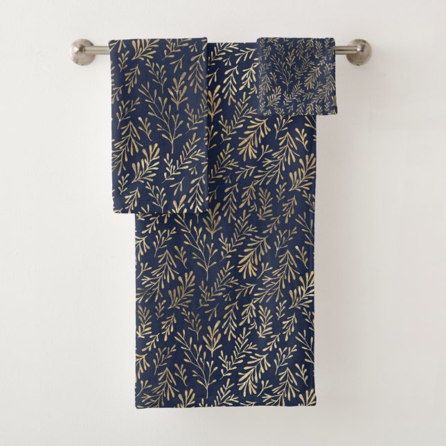 Abstrakte Art-Deco-Blätter in Blau und Gold  Badhandtuch Set (Insitu)