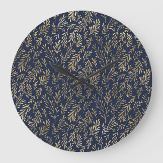 Abstrakte Art-Deco-Blätter in Blau und Gold Große Wanduhr