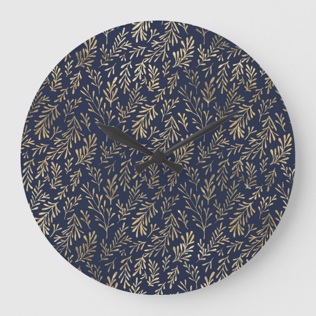 Abstrakte Art-Deco-Blätter in Blau und Gold Große Wanduhr (Vorderseite)