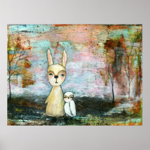 Abstrakte Art Woodland Kaninchen und Owl Malerei Poster