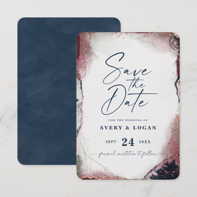 Abstrakte ätherische Hochzeit von Burgundy & Navy Save The Date (Vorne/Hinten)