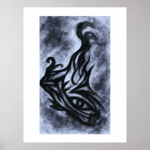 Abstrakte Augen und Kohlezeichnung mit Flamme Poster