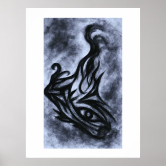 Abstrakte Augen und Kohlezeichnung mit Flamme Poster