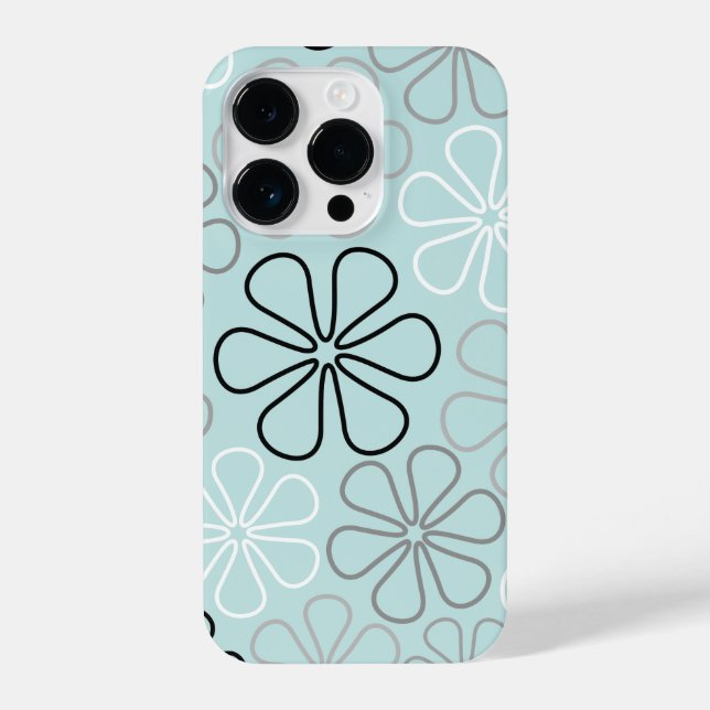 Abstrakte Big Blume Konturen BWG+Duck Egg Blue iPhone 14 Pro Hülle (Rückseite)