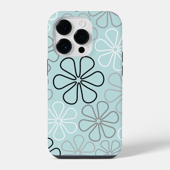 Abstrakte Big Blume Konturen BWG+Duck Egg Blue iPhone 14 Pro Hülle (Rückseite)
